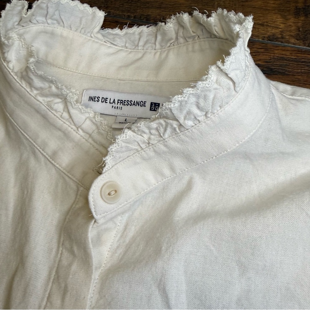 Ines de la Fressange x Uniqlo Ruffle Collar 100% Cotton Button-Up L French Chic - Picture 5 of 16